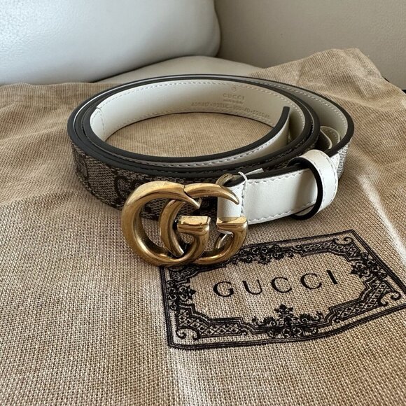 NEW GUCCI 430$ GG Marmont Belt In Beige GG Supreme & White Leather 100 Cm 40 In